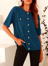 Button Down Casual Short Sleeve Crew Neck Ribbed Knit Shirts