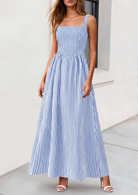PRETTYGARDEN Women's Maxi Striped Dress Summer Sleeveless Square Neck Smocked A Line Long Flowy Spring Vacation Sundress PRETTYGARDEN