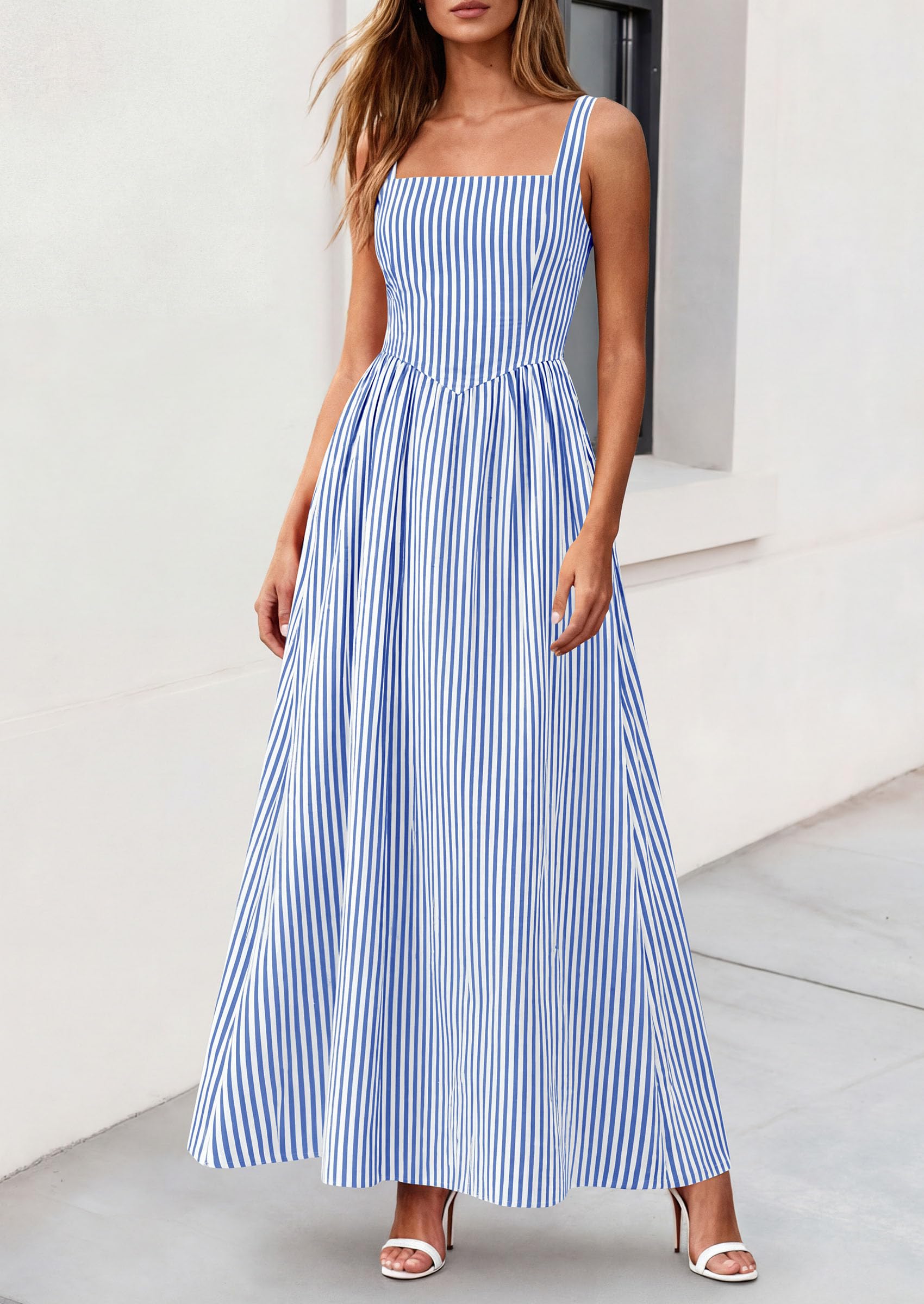 PRETTYGARDEN Women's Maxi Striped Dress Summer Sleeveless Square Neck Smocked A Line Long Flowy Spring Vacation Sundress PRETTYGARDEN