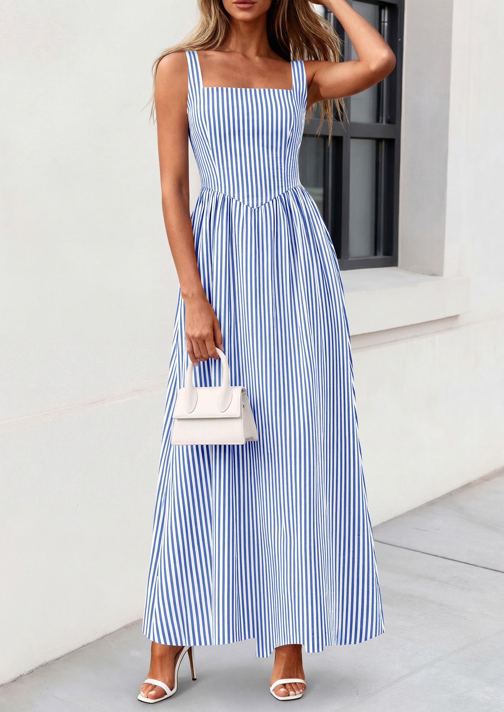 PRETTYGARDEN Women's Maxi Striped Dress Summer Sleeveless Square Neck Smocked A Line Long Flowy Spring Vacation Sundress PRETTYGARDEN