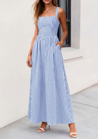 PRETTYGARDEN Women's Maxi Striped Dress Summer Sleeveless Square Neck Smocked A Line Long Flowy Spring Vacation Sundress PRETTYGARDEN