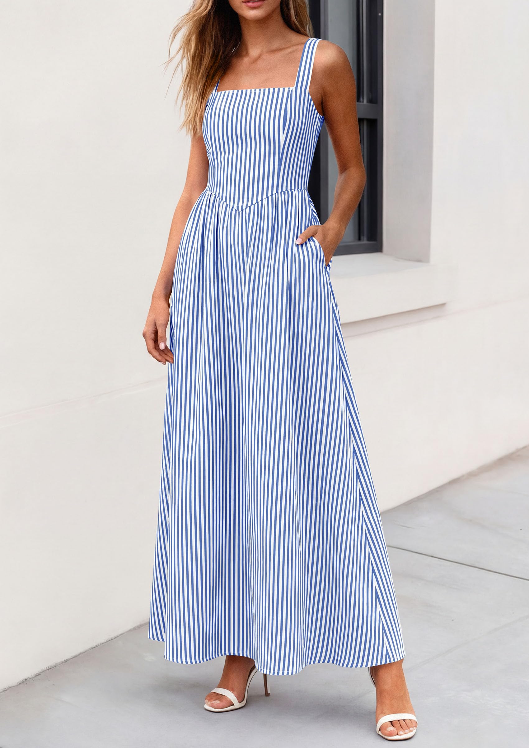 PRETTYGARDEN Women's Maxi Striped Dress Summer Sleeveless Square Neck Smocked A Line Long Flowy Spring Vacation Sundress PRETTYGARDEN