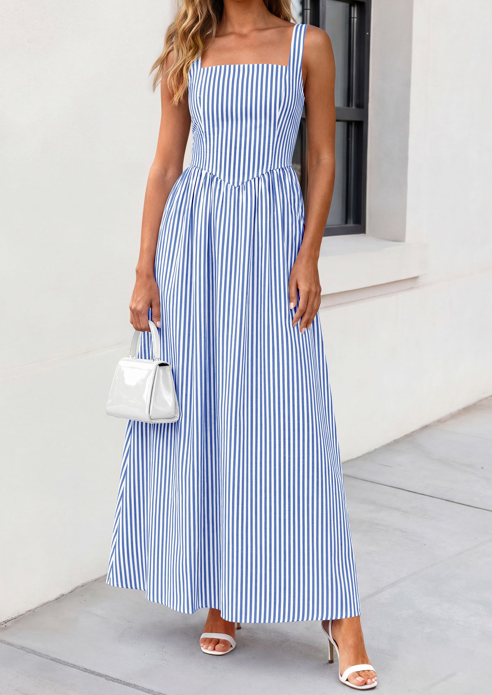 PRETTYGARDEN Women's Maxi Striped Dress Summer Sleeveless Square Neck Smocked A Line Long Flowy Spring Vacation Sundress PRETTYGARDEN