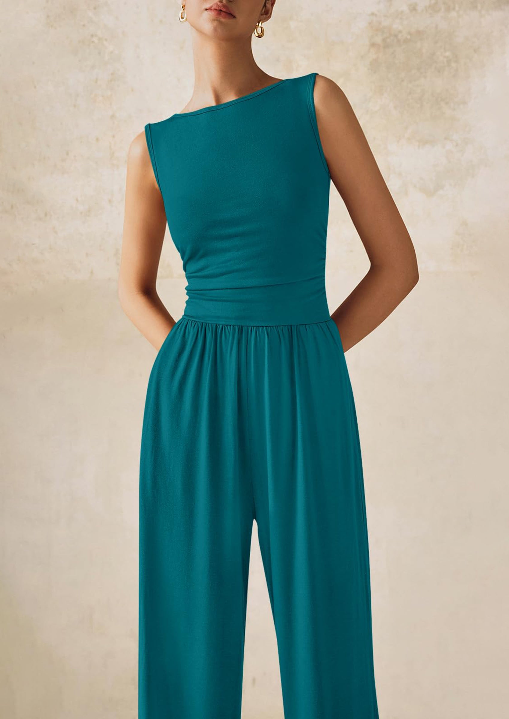 PRETTYGARDEN One Piece Jumpsuits for Women Dressy Casual Sleeveless Crewneck Wide Leg Rompers Jumpers Vacation Summer Outfits