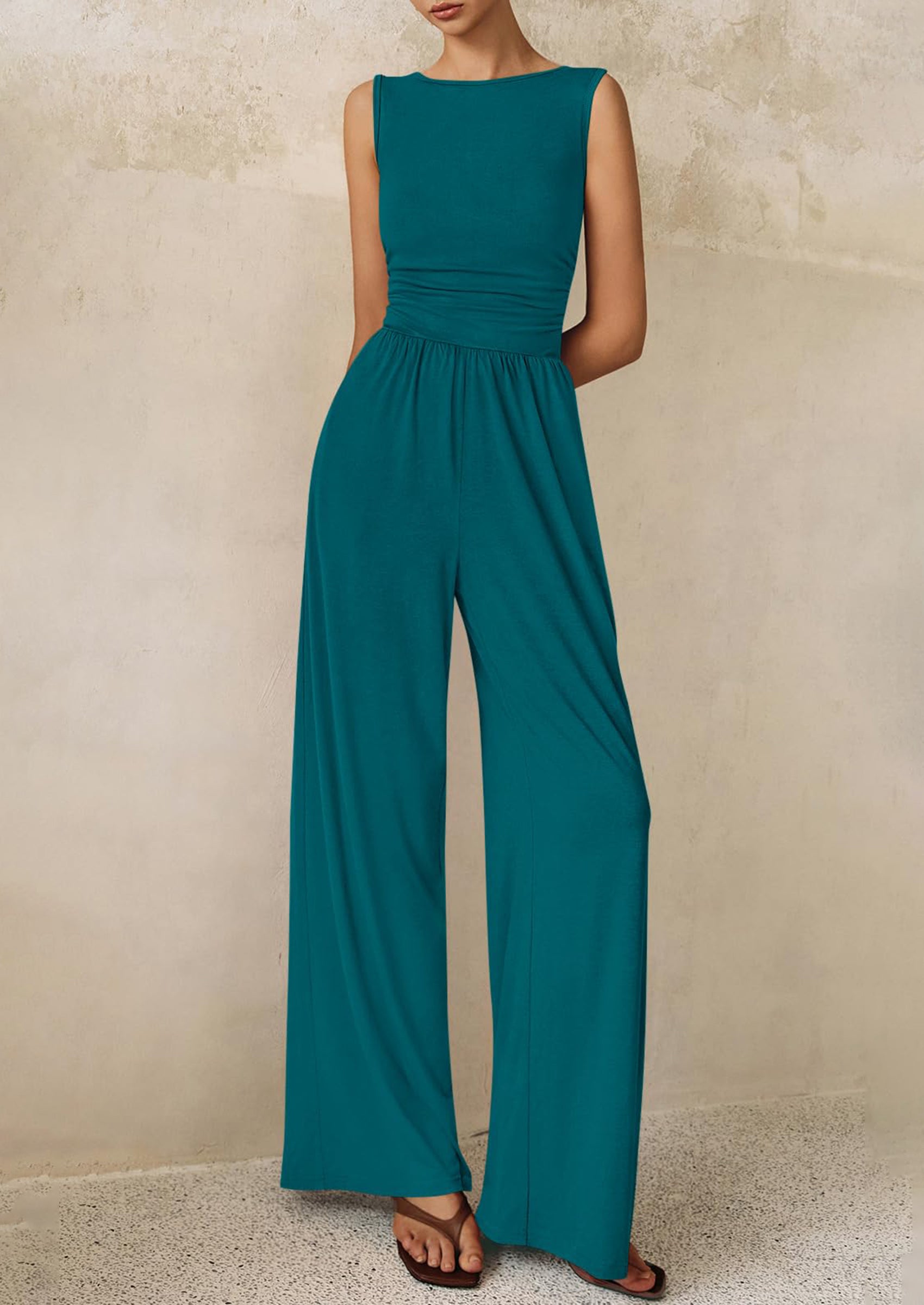 PRETTYGARDEN One Piece Jumpsuits for Women Dressy Casual Sleeveless Crewneck Wide Leg Rompers Jumpers Vacation Summer Outfits