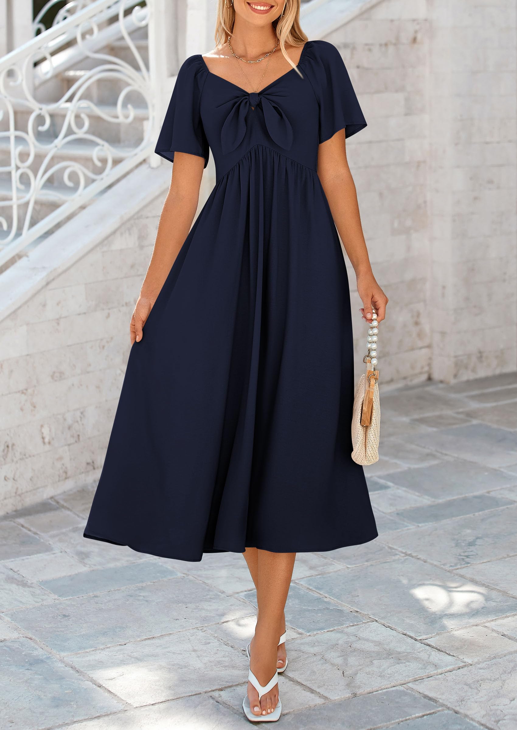 PRETTYGARDEN Summer Dress for Women Casual Short Sleeve Bow Tie V Neck Ruffle Midi Flowy Dresses