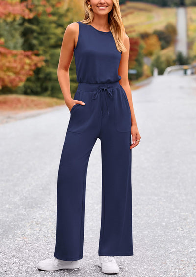 PRETTYGARDEN Womens Jumpsuits Summer Casual One Piece Outfits Sleeveless Wide Leg Long Pants Rompers