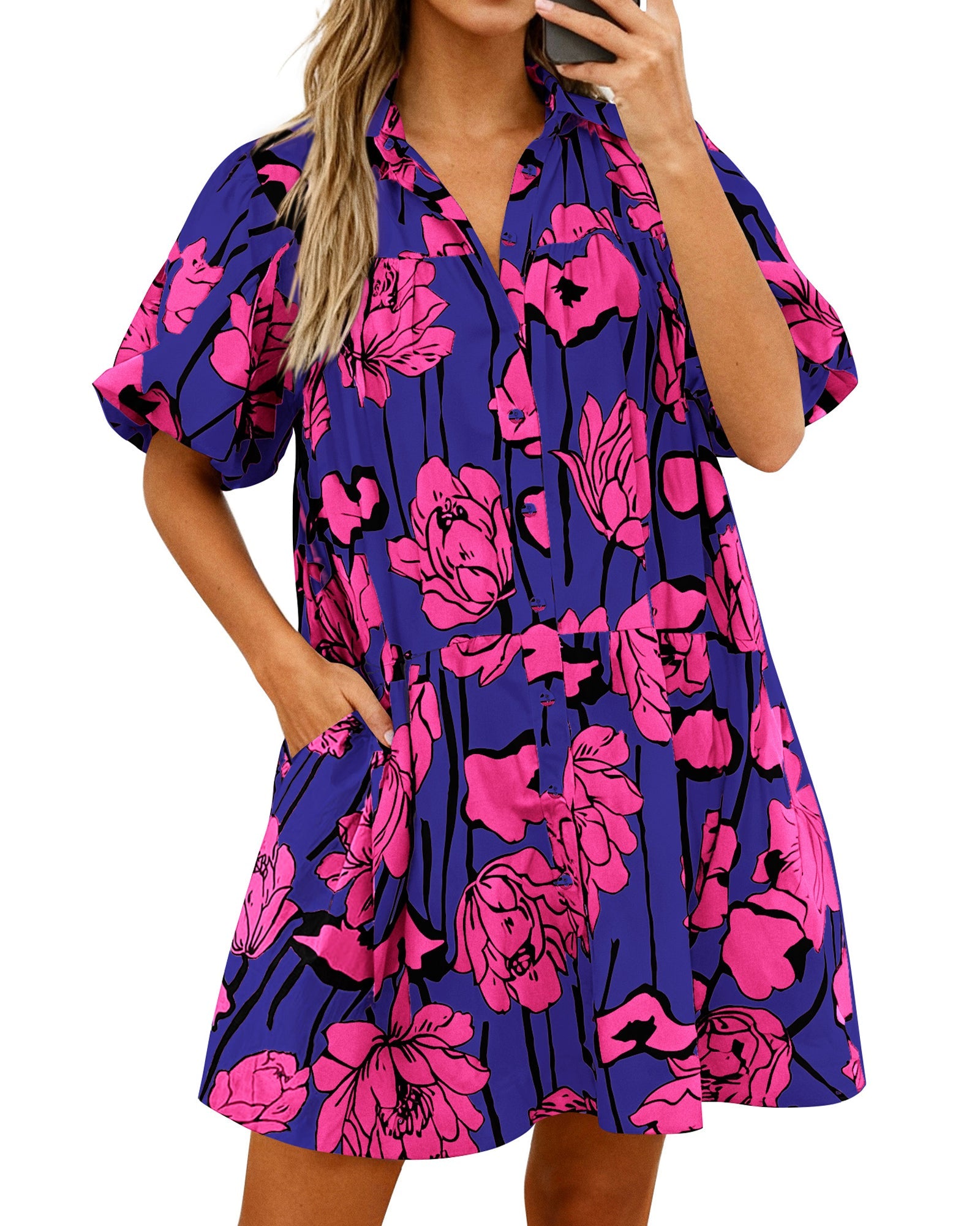 PRETTYGARDEN Womens Summer Dresses 2026 Casual Puff Sleeve Button Down Mini Shirt Dress Boho Floral Babydoll Sun Dress PRETTYGARDEN