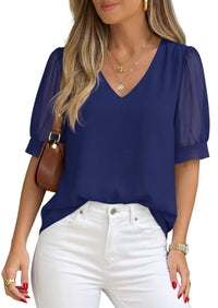 PRETTYGARDEN Womens Tops Dressy Casual Puff Sleeve Chiffon Blouses V Neck Business Work Shirts 2026 Summer Fashion Clothing