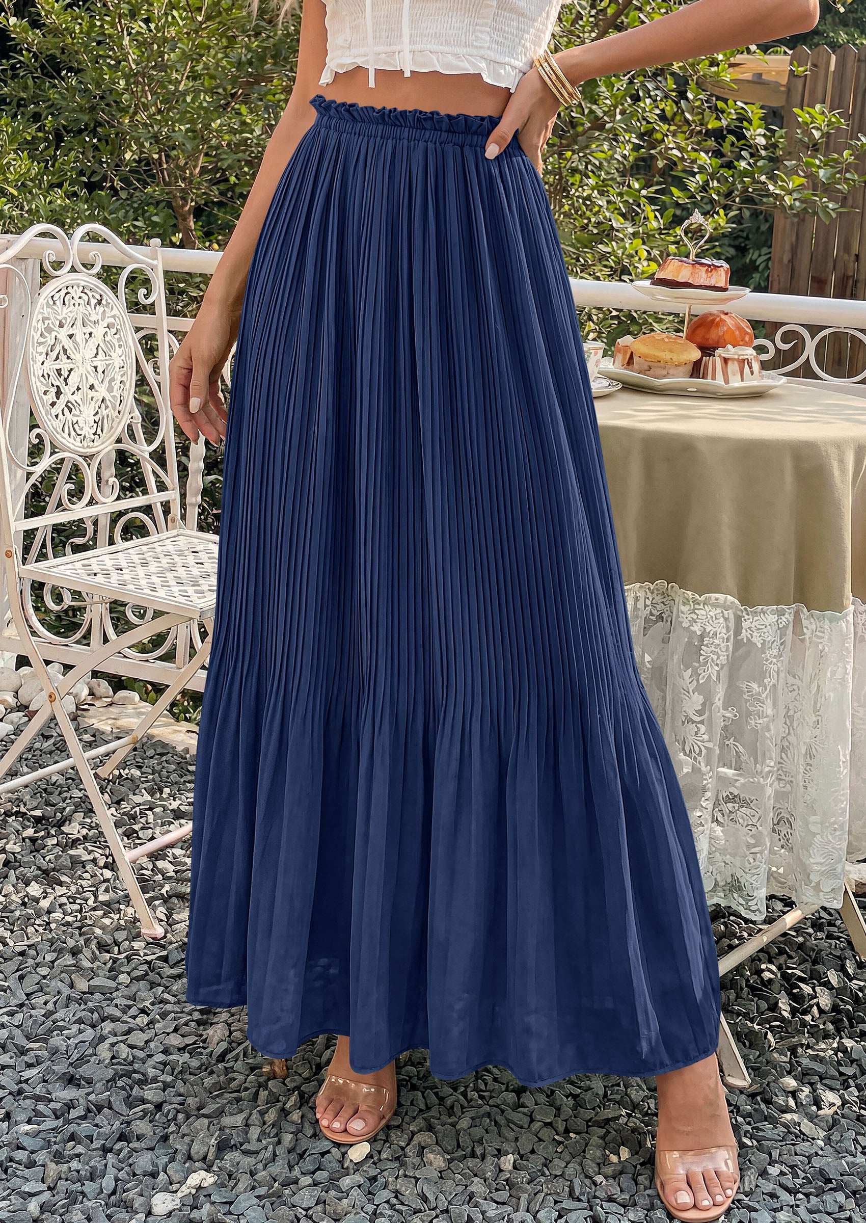 PRETTYGARDEN Pleated Long Skirts for Women Summer Vacation Outfits 2026 Spring Elastic Waisted Flowy Chiffon A-Line Midi Skirt PRETTYGARDEN