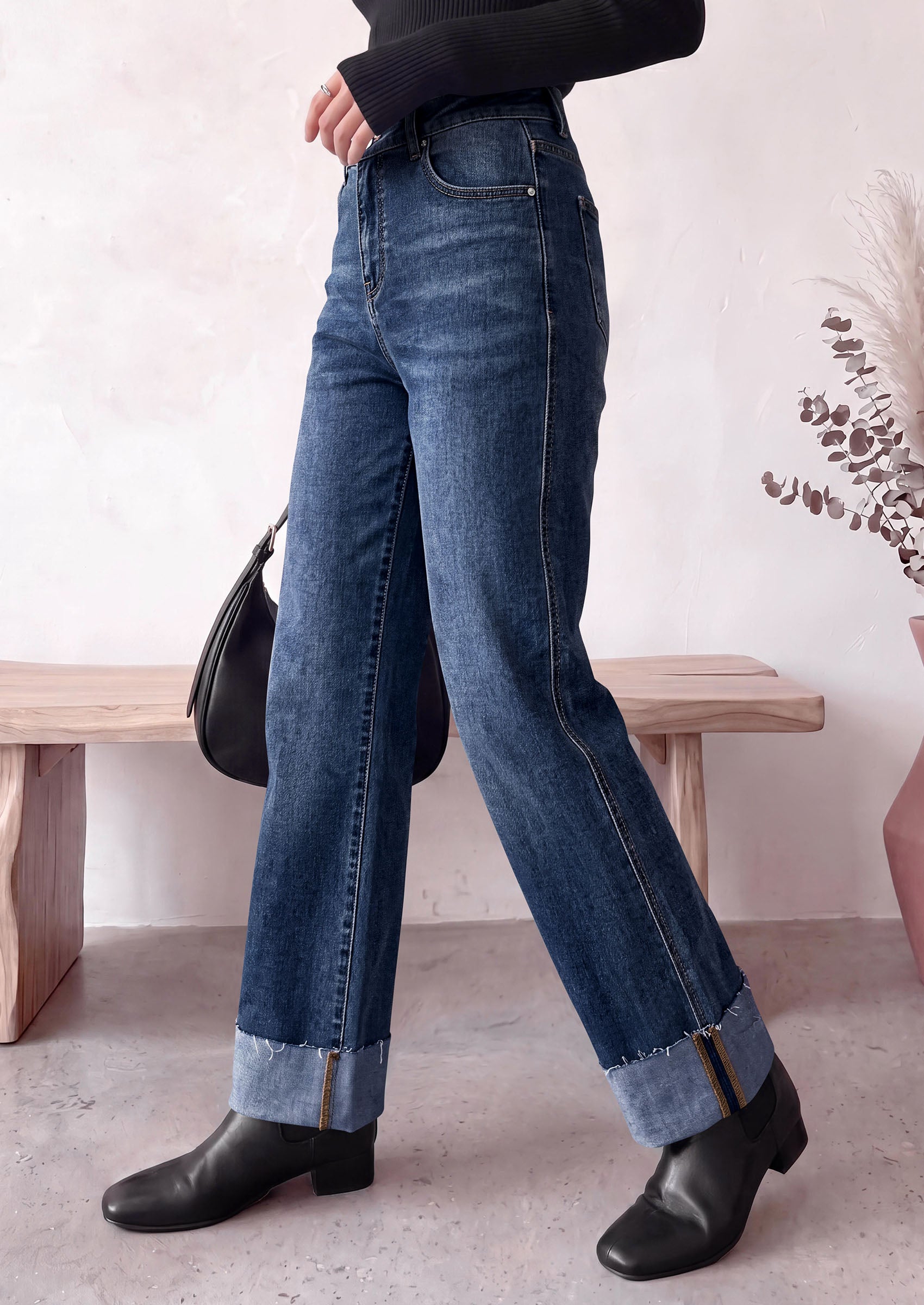 PRETTYGARDEN Women's Baggy Denim Jeans Wide Leg Pants | Stretchy High Waisted, Straight Leg Pockets, Cuffed Raw Hem Boyfriend, Trendy Bottoms, Fall Fashion Clothes, Casual Outfits