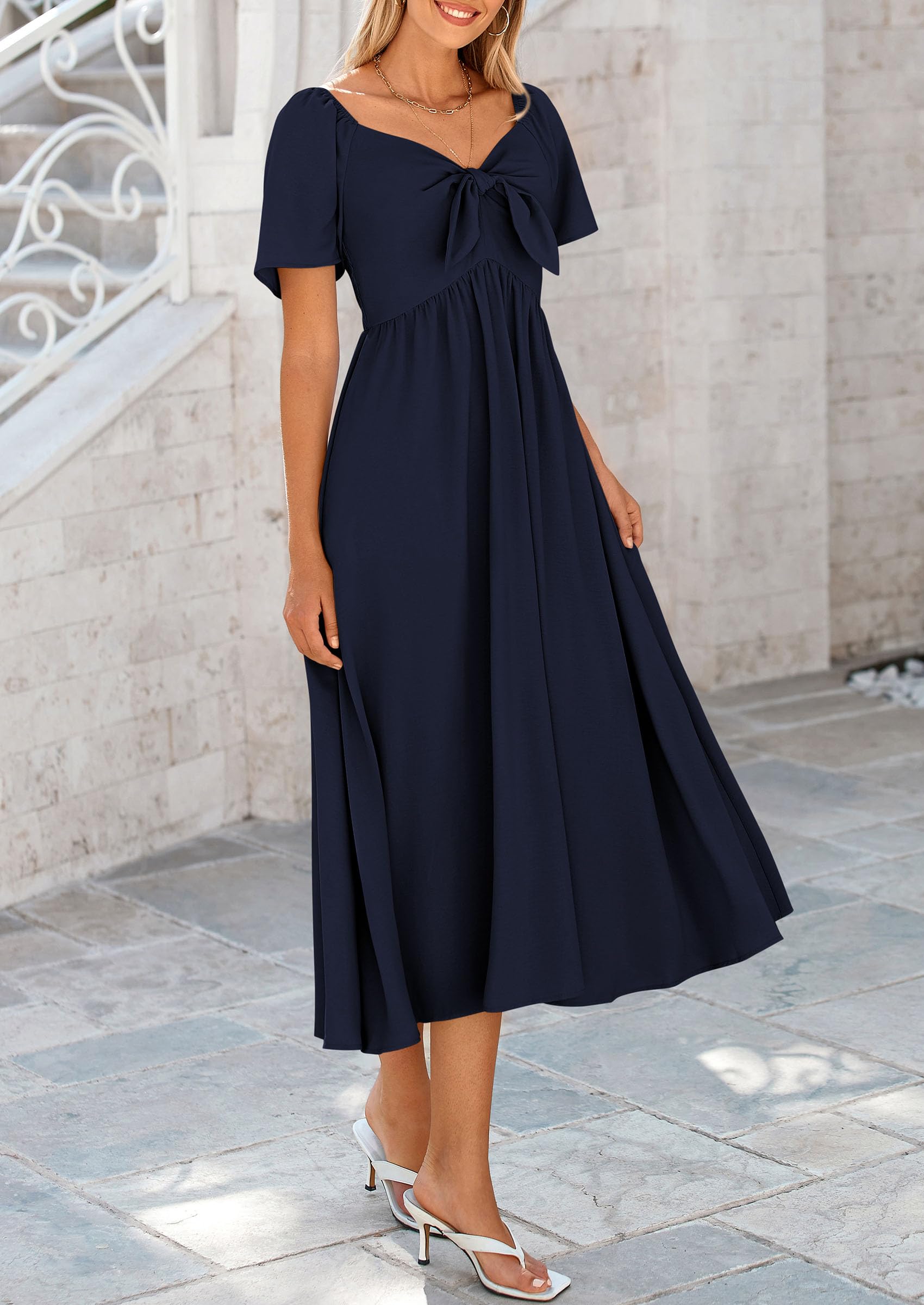 PRETTYGARDEN Summer Dress for Women Casual Short Sleeve Bow Tie V Neck Ruffle Midi Flowy Dresses