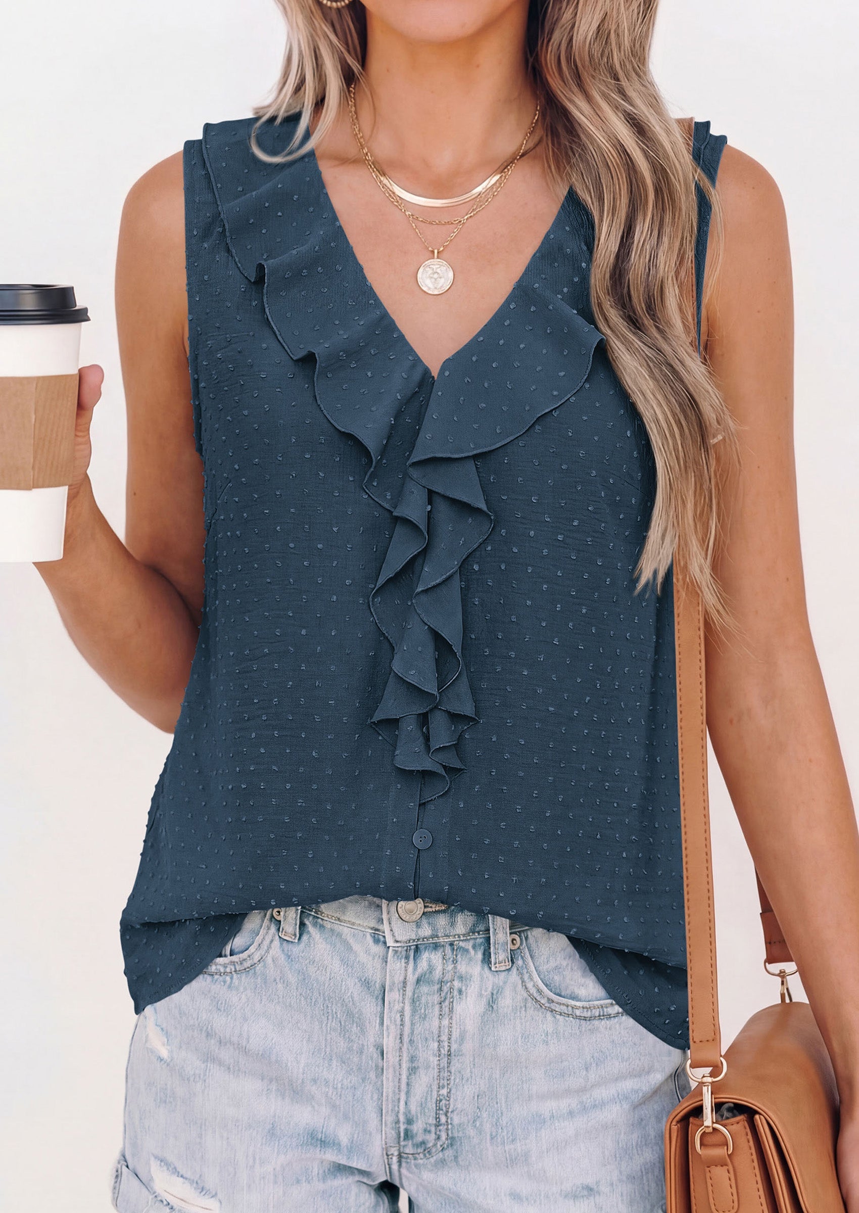 PRETTYGARDEN Womens Tank Tops 2026 Summer Dressy Casual Blouses Sleeveless Ruffle V Neck Swiss Dot Button Down Work Shirts PRETTYGARDEN