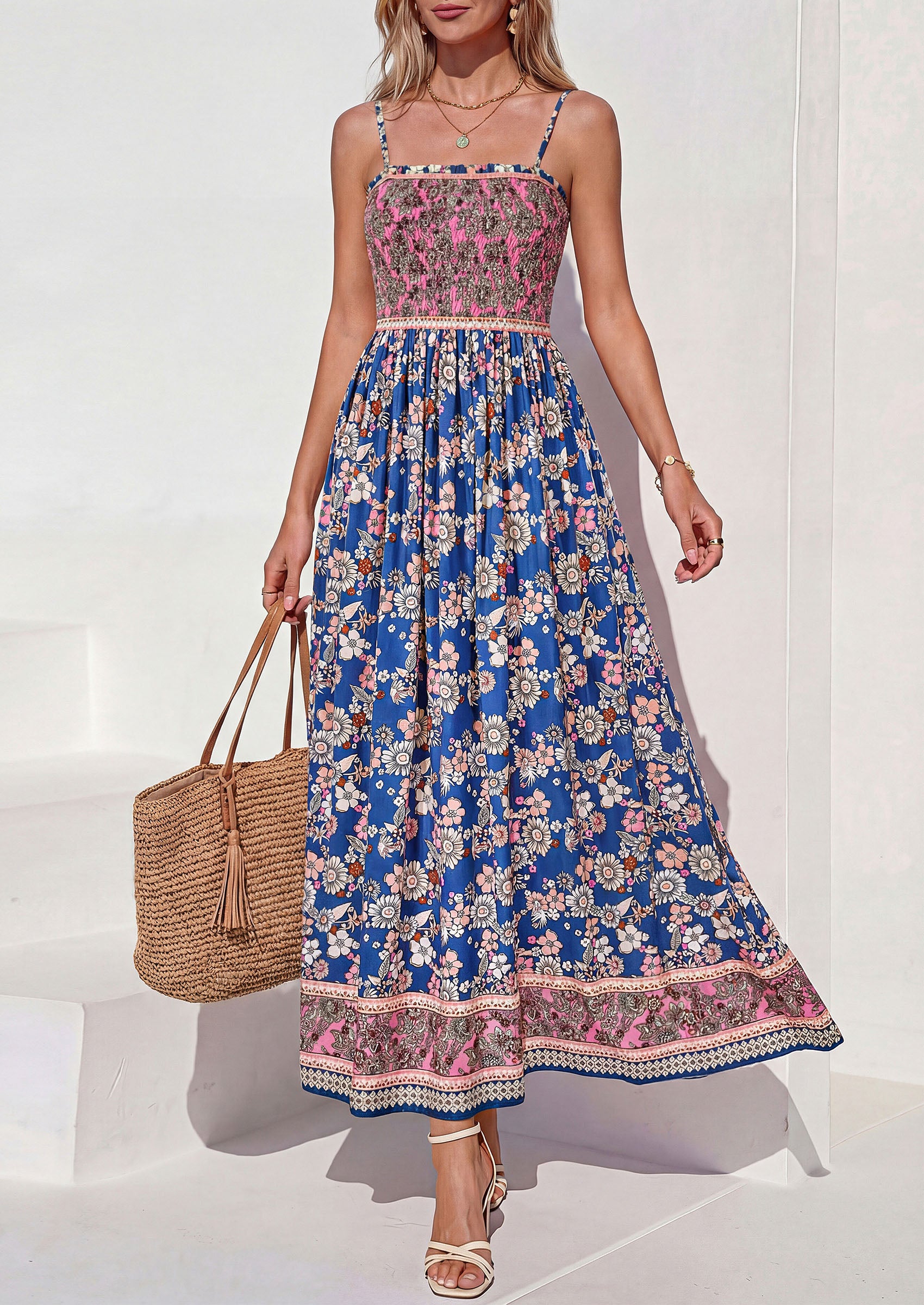 PRETTYGARDEN Womens Floral Maxi Dress Boho Casual 2026 Summer Spaghetti Strap Smocked Sleeveless Flowy Beach Vacation Dresses
