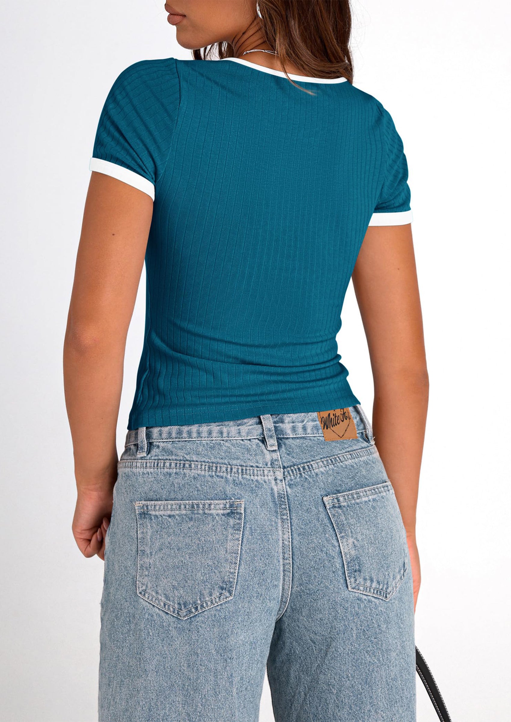 PRETTYGARDEN Women's Summer Short Sleeve T Shirts Ribbed Knit Square Neck Color Block Slim Fit Basic Casual Crop Tops Blouses