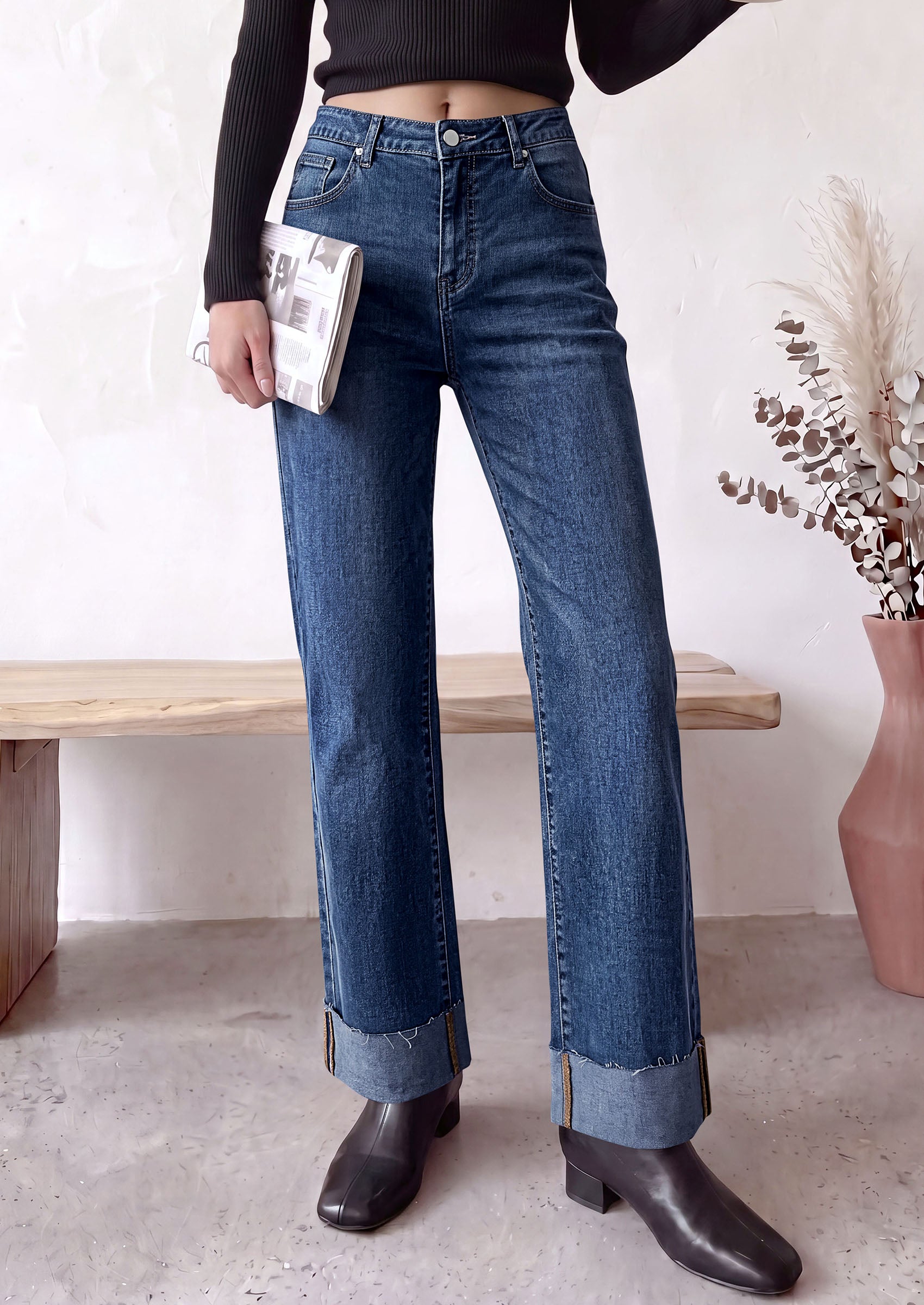 PRETTYGARDEN Women's Baggy Denim Jeans Wide Leg Pants | Stretchy High Waisted, Straight Leg Pockets, Cuffed Raw Hem Boyfriend, Trendy Bottoms, Fall Fashion Clothes, Casual Outfits