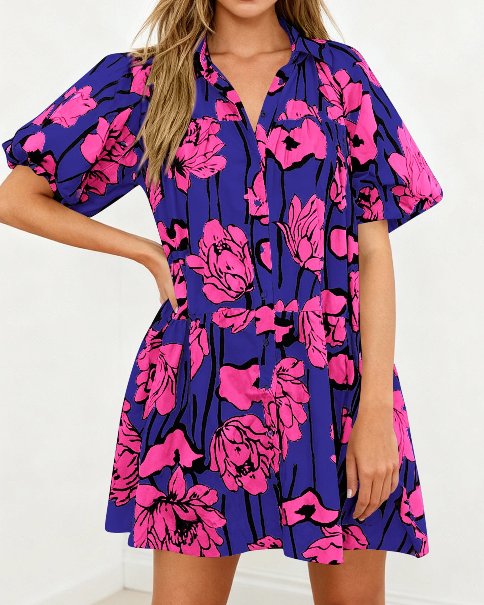 PRETTYGARDEN Womens Summer Dresses 2026 Casual Puff Sleeve Button Down Mini Shirt Dress Boho Floral Babydoll Sun Dress PRETTYGARDEN