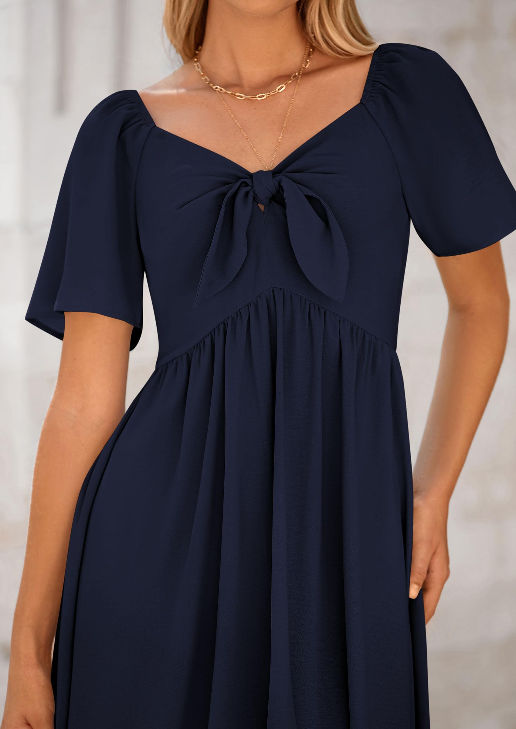 PRETTYGARDEN Summer Dress for Women Casual Short Sleeve Bow Tie V Neck Ruffle Midi Flowy Dresses