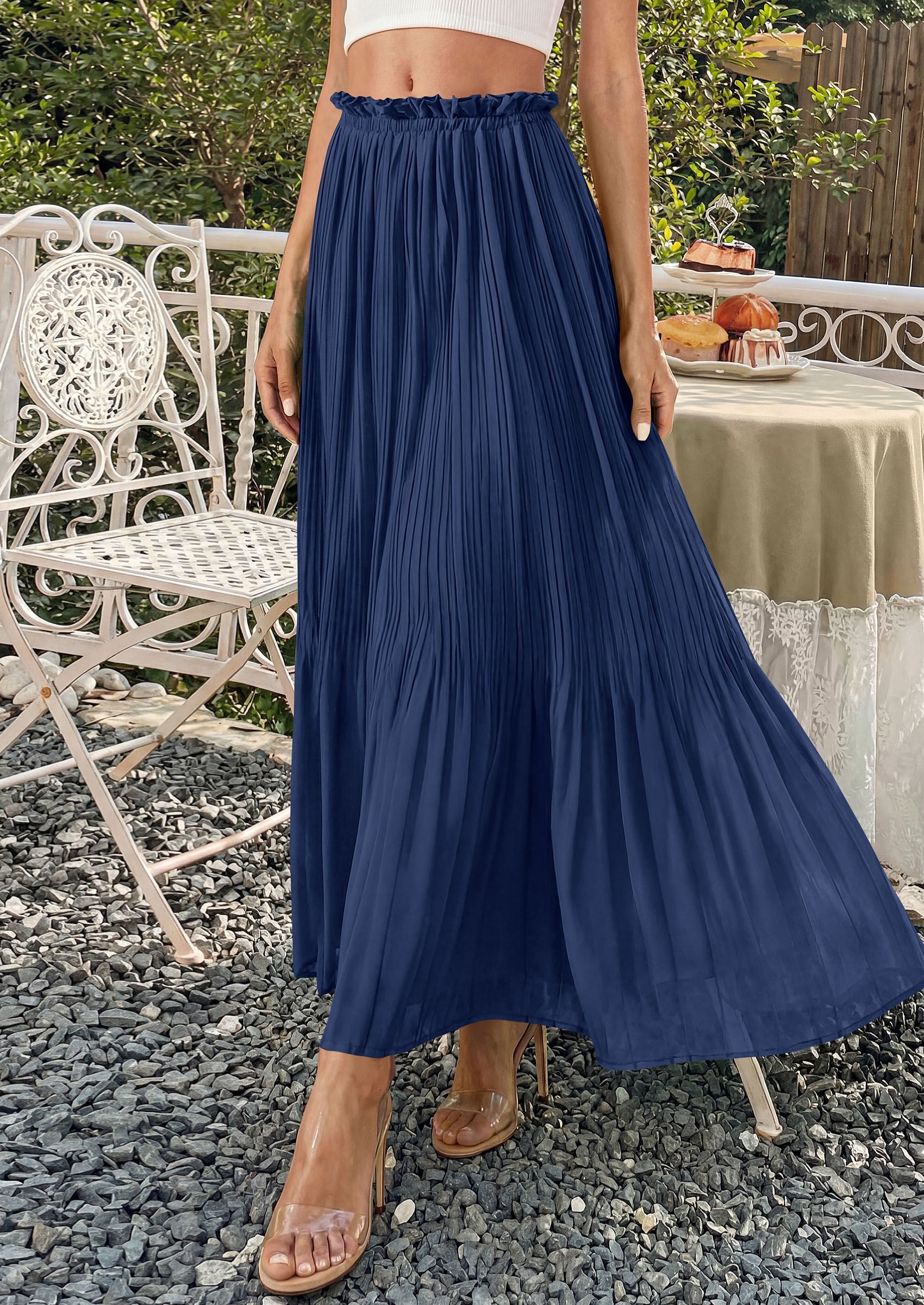 PRETTYGARDEN Pleated Long Skirts for Women Summer Vacation Outfits 2026 Spring Elastic Waisted Flowy Chiffon A-Line Midi Skirt PRETTYGARDEN