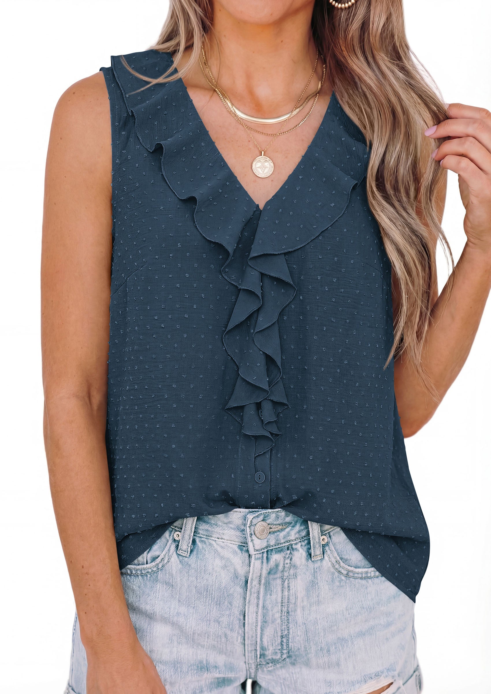 PRETTYGARDEN Womens Tank Tops 2026 Summer Dressy Casual Blouses Sleeveless Ruffle V Neck Swiss Dot Button Down Work Shirts PRETTYGARDEN