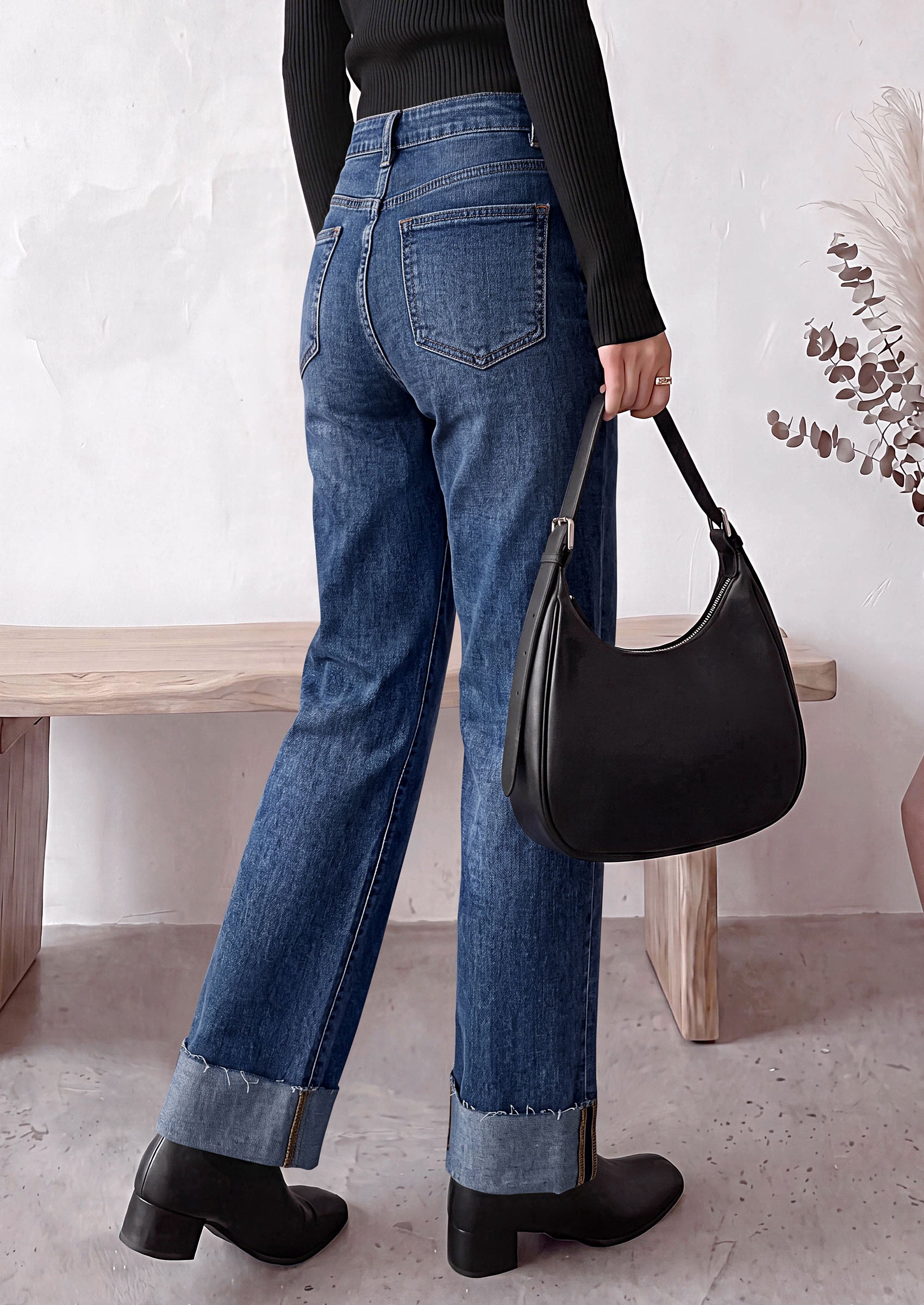 PRETTYGARDEN Women's Baggy Denim Jeans Wide Leg Pants | Stretchy High Waisted, Straight Leg Pockets, Cuffed Raw Hem Boyfriend, Trendy Bottoms, Fall Fashion Clothes, Casual Outfits