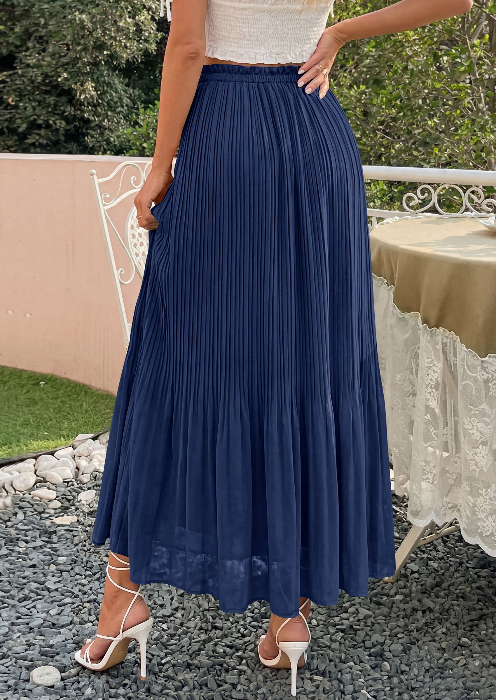 PRETTYGARDEN Pleated Long Skirts for Women Summer Vacation Outfits 2026 Spring Elastic Waisted Flowy Chiffon A-Line Midi Skirt PRETTYGARDEN