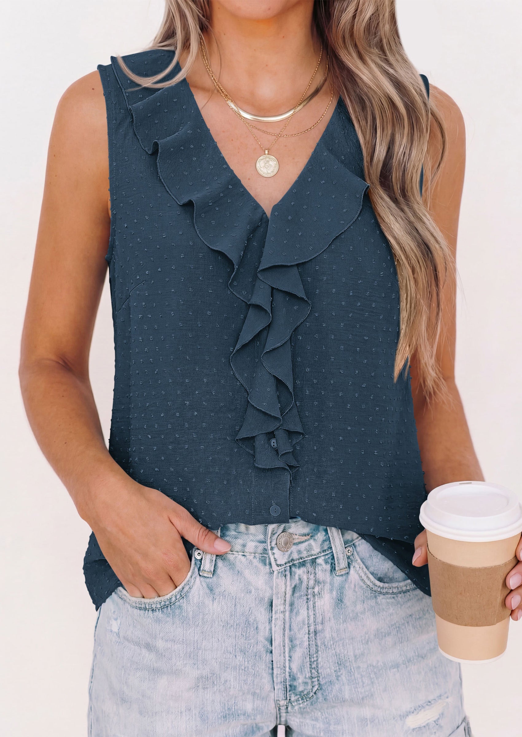 PRETTYGARDEN Womens Tank Tops 2026 Summer Dressy Casual Blouses Sleeveless Ruffle V Neck Swiss Dot Button Down Work Shirts PRETTYGARDEN