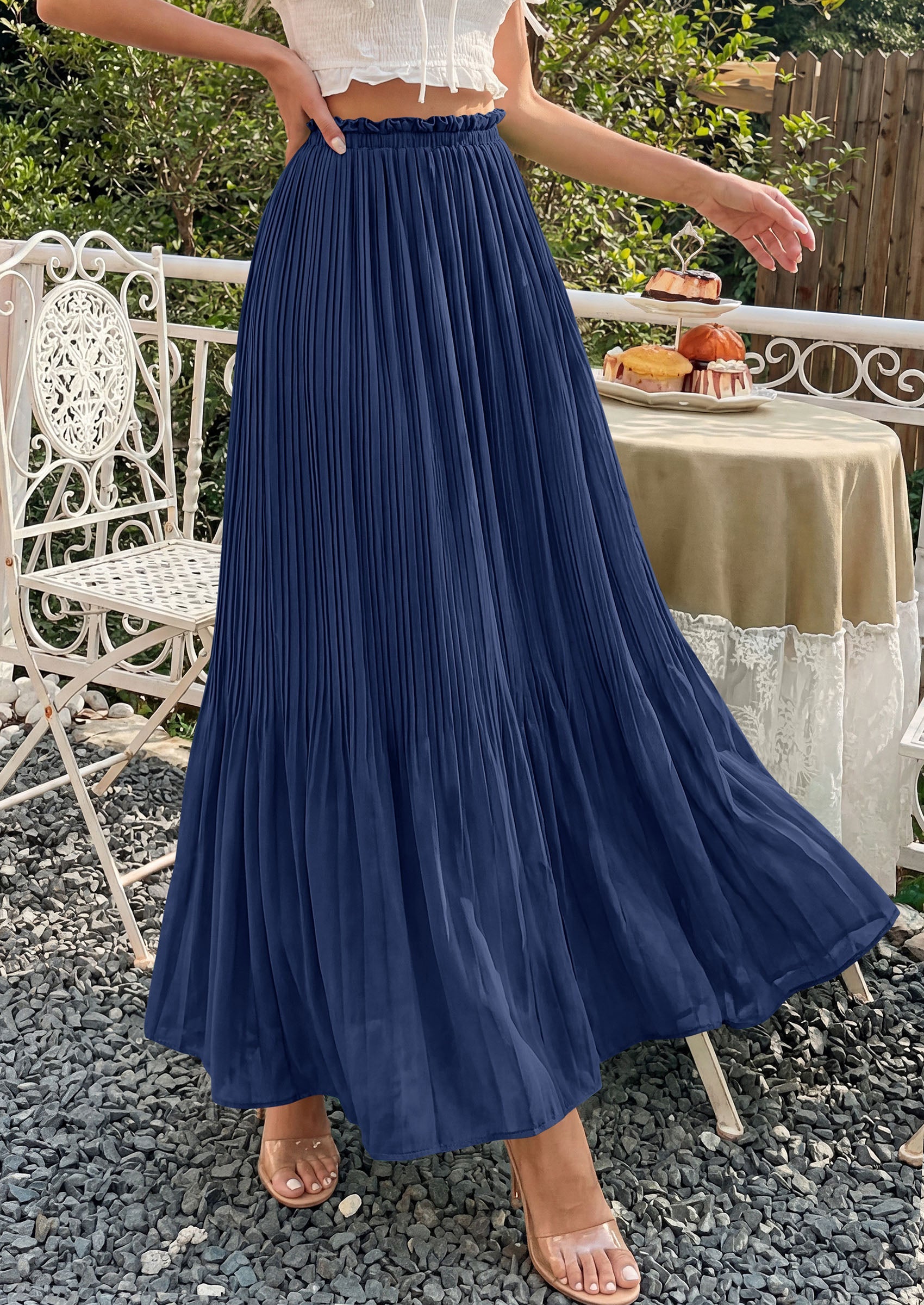 PRETTYGARDEN Pleated Long Skirts for Women Summer Vacation Outfits 2026 Spring Elastic Waisted Flowy Chiffon A-Line Midi Skirt PRETTYGARDEN