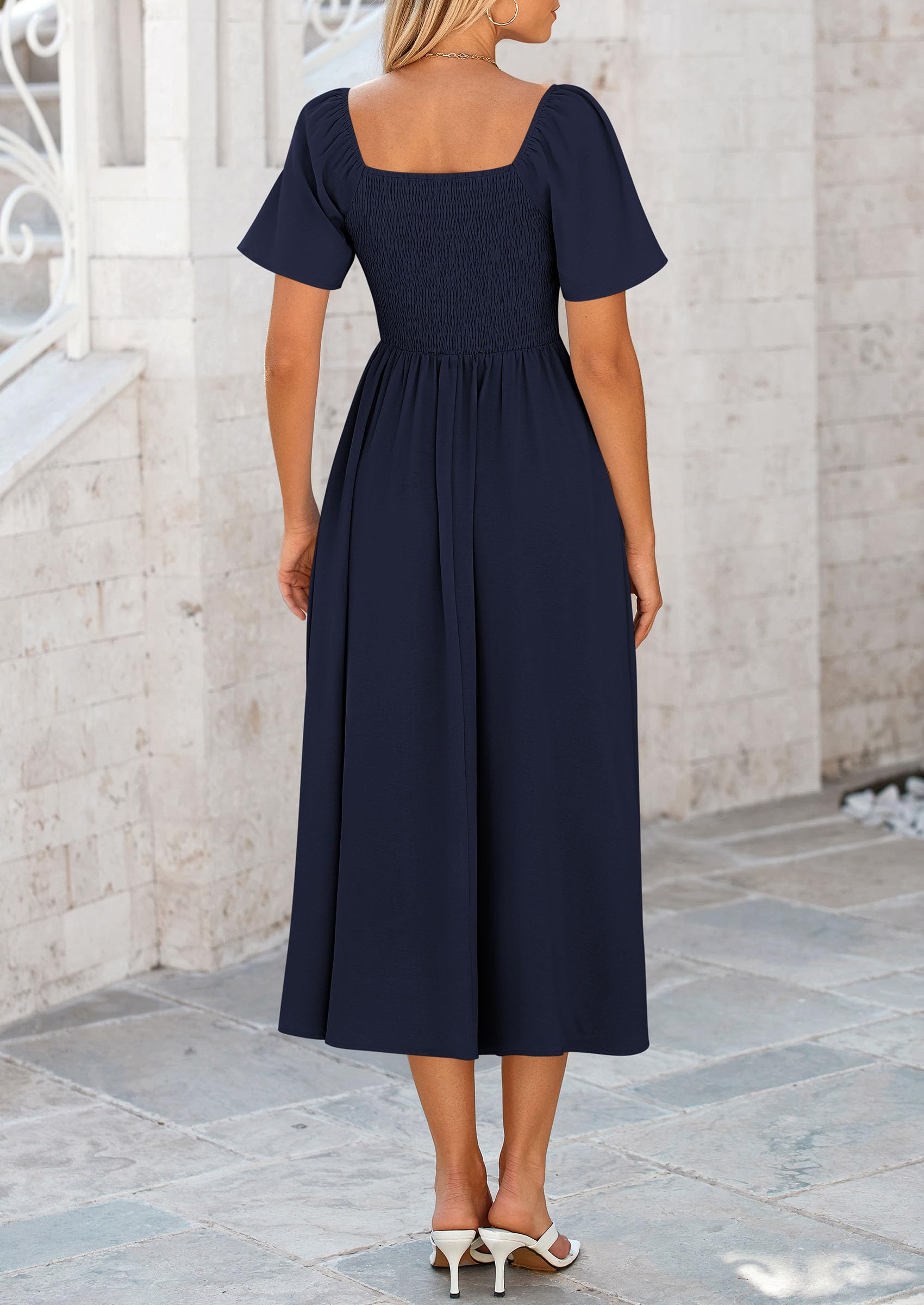 PRETTYGARDEN Summer Dress for Women Casual Short Sleeve Bow Tie V Neck Ruffle Midi Flowy Dresses