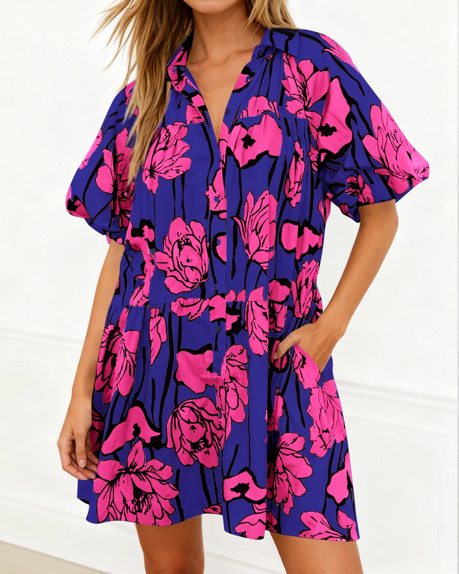 PRETTYGARDEN Womens Summer Dresses 2026 Casual Puff Sleeve Button Down Mini Shirt Dress Boho Floral Babydoll Sun Dress PRETTYGARDEN