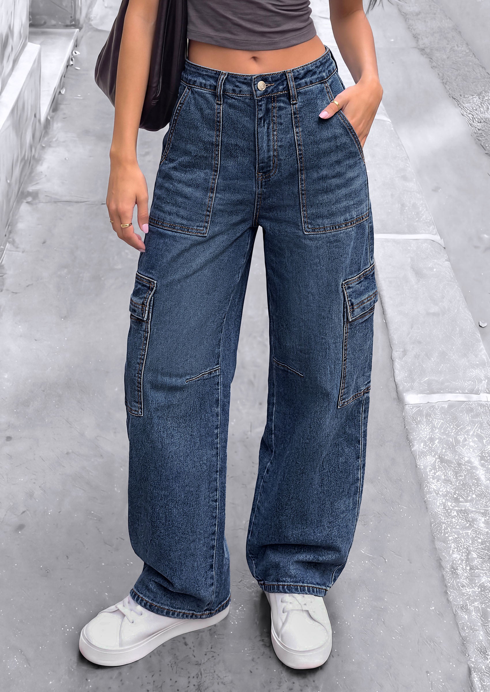 PRETTYGARDEN Barrel Pants Women Wide Leg Baggy Denim Jeans  Relaxed Fit,Utility Pockets,Loose Streetwear,Boyfriend Style,Y2K Outfits,Fashion Cargo Pants,Fall Clothes