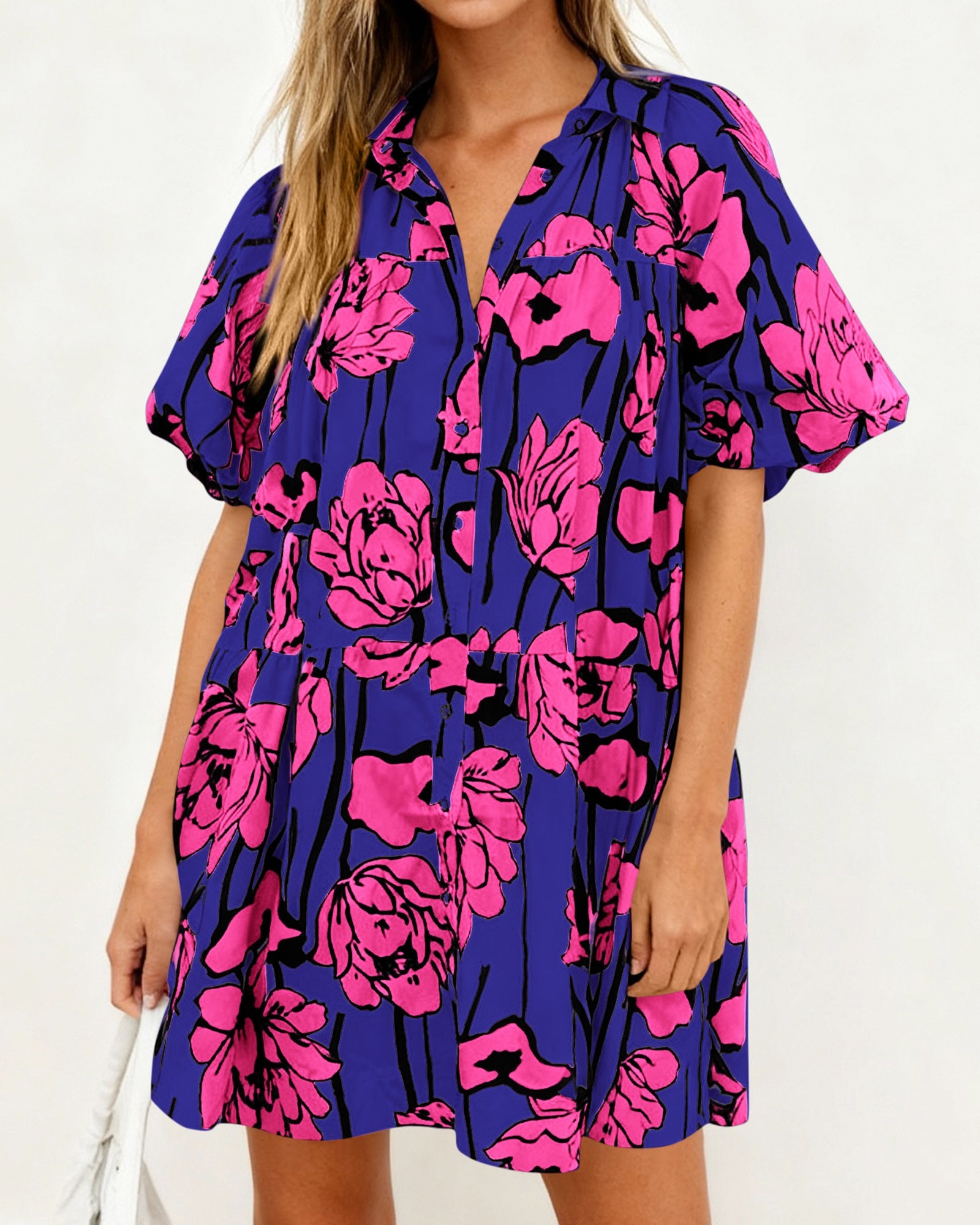 PRETTYGARDEN Womens Summer Dresses 2026 Casual Puff Sleeve Button Down Mini Shirt Dress Boho Floral Babydoll Sun Dress PRETTYGARDEN