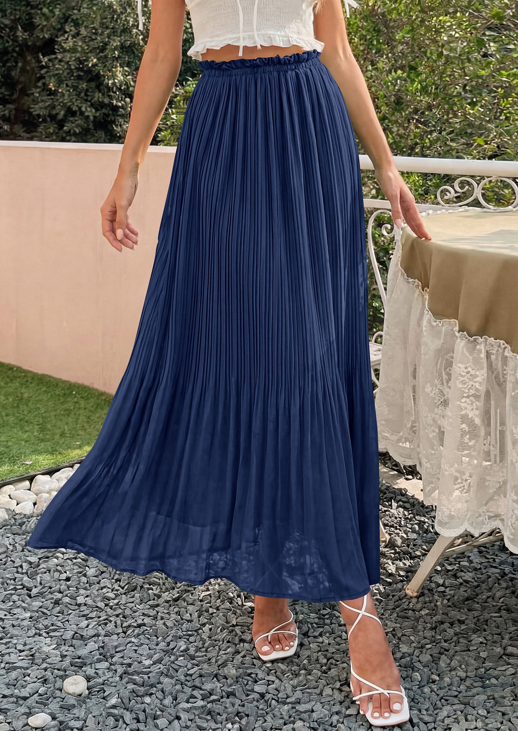 PRETTYGARDEN Pleated Long Skirts for Women Summer Vacation Outfits 2026 Spring Elastic Waisted Flowy Chiffon A-Line Midi Skirt PRETTYGARDEN