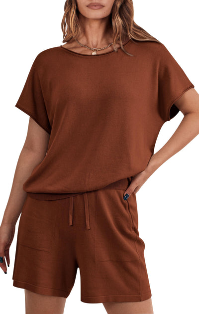 PRETTYGARDEN Two Piece Set for Women Summer Lounge Sets Shorts And Short Sleeve Tops Knitted Matching Travel Spring Outfits PRETTYGARDEN