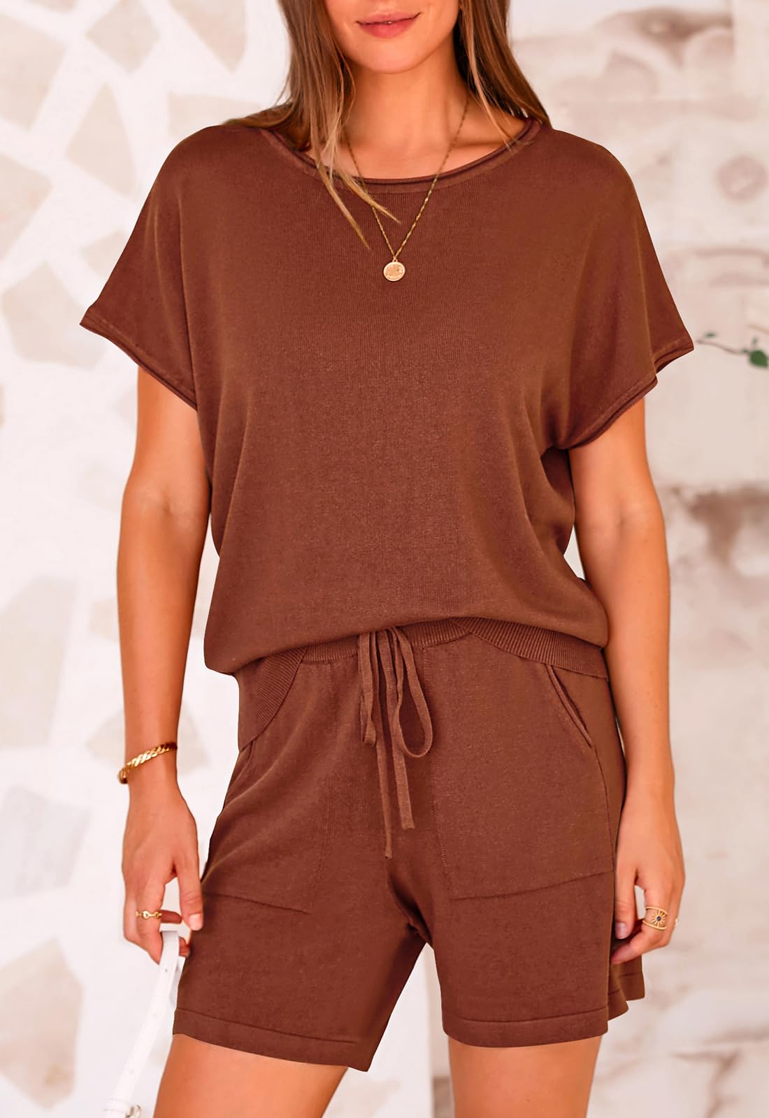 PRETTYGARDEN Two Piece Set for Women Summer Lounge Sets Shorts And Short Sleeve Tops Knitted Matching Travel Spring Outfits PRETTYGARDEN