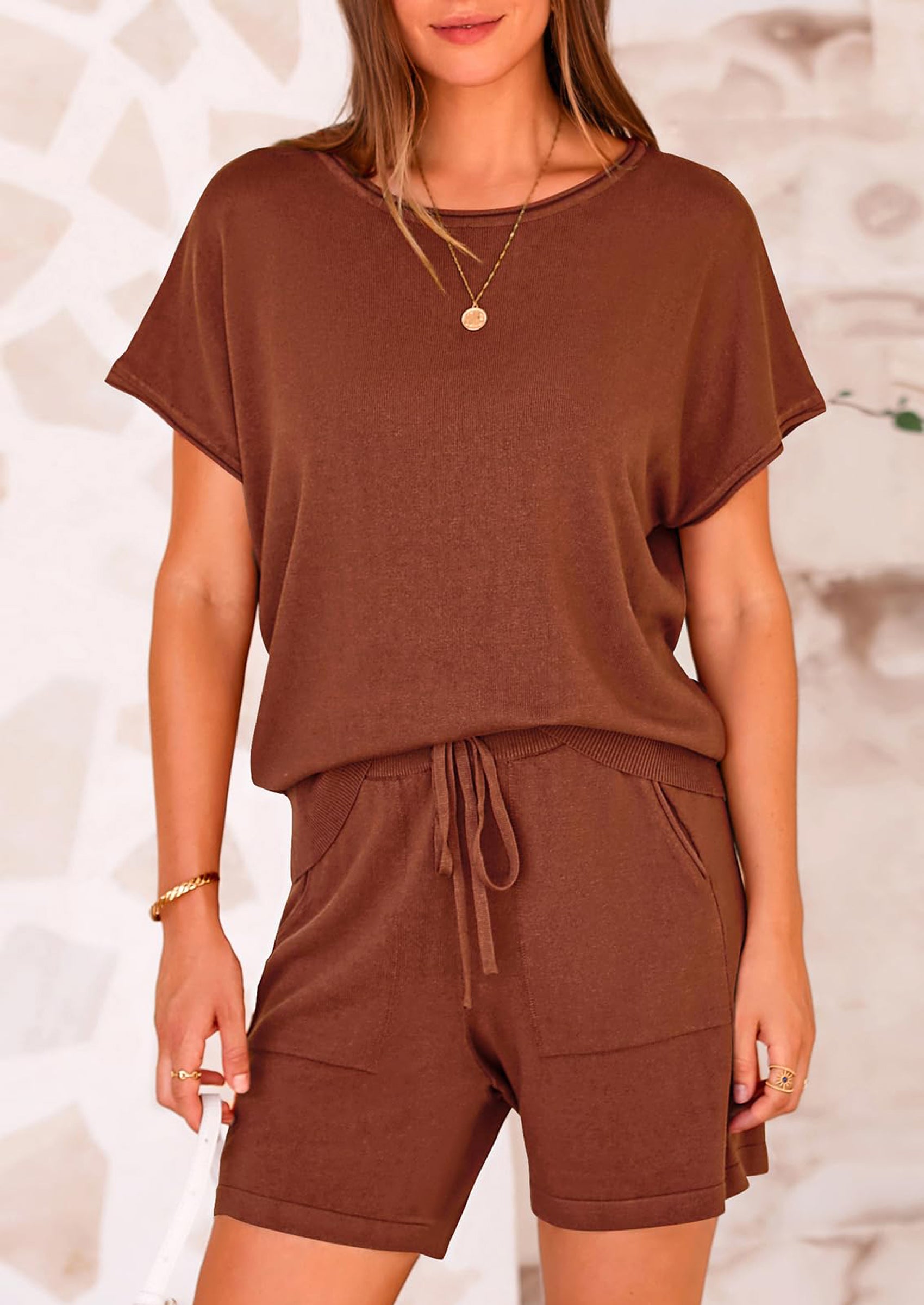 PRETTYGARDEN Two Piece Set for Women Summer Lounge Sets Shorts And Short Sleeve Tops Knitted Matching Travel Spring Outfits PRETTYGARDEN