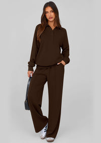 PRETTYGARDEN Women Fall 2 Piece Outfits Sweatsuits Quarter Button Long Sleeve Sweatshirt Wide Leg Pants Tracksuit Lounge Sets