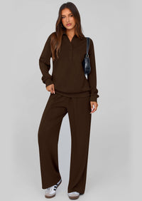 PRETTYGARDEN Women Fall 2 Piece Outfits Sweatsuits Quarter Button Long Sleeve Sweatshirt Wide Leg Pants Tracksuit Lounge Sets
