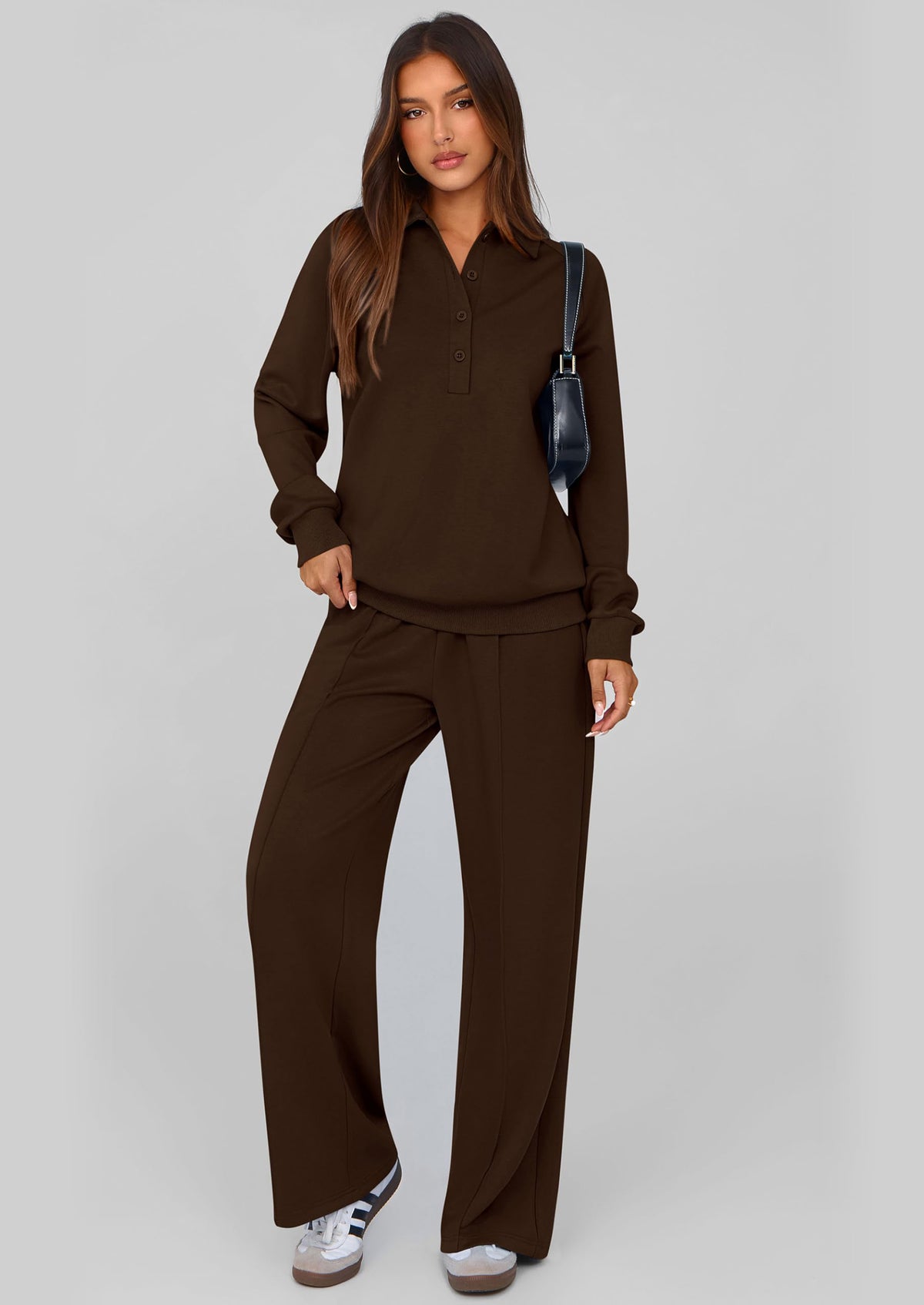 PRETTYGARDEN Women Fall 2 Piece Outfits Sweatsuits Quarter Button Long Sleeve Sweatshirt Wide Leg Pants Tracksuit Lounge Sets