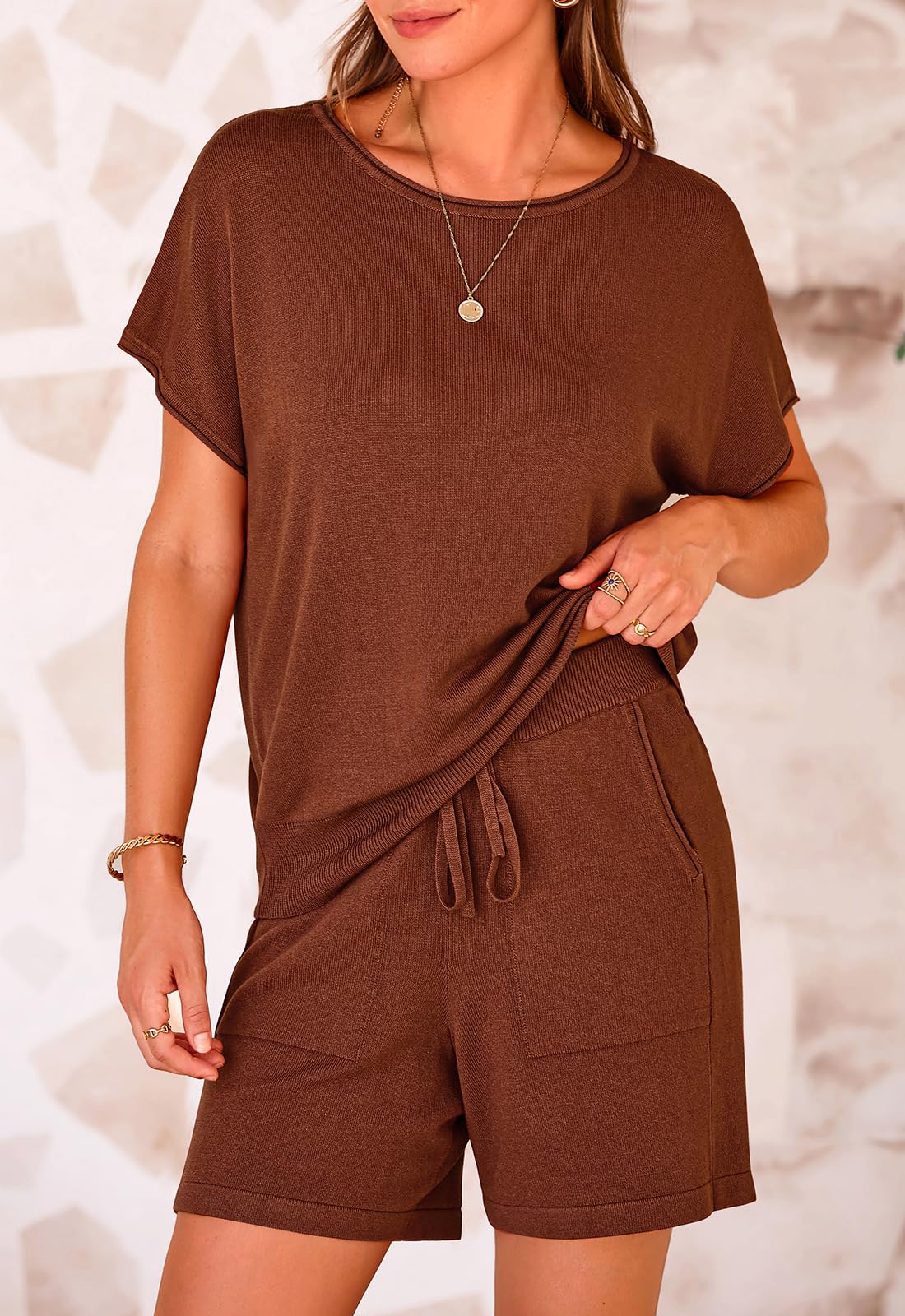 PRETTYGARDEN Two Piece Set for Women Summer Lounge Sets Shorts And Short Sleeve Tops Knitted Matching Travel Spring Outfits PRETTYGARDEN