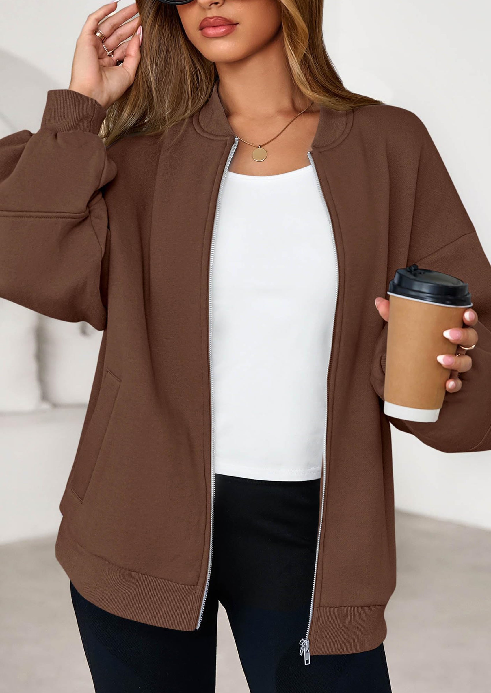 KIRUNDO Oversized Sweatshirt for Women Zip Up Bomber Jacket Fall Fashion Casual Long Sleeve Outerwear Winter Outfits PRETTYGARDEN