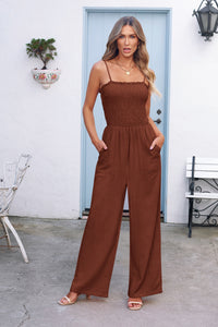 Linen Smocked Spaghetti Strap Pockets Wide Leg Rompers