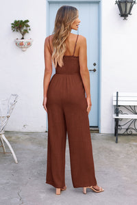 Linen Smocked Spaghetti Strap Pockets Wide Leg Rompers