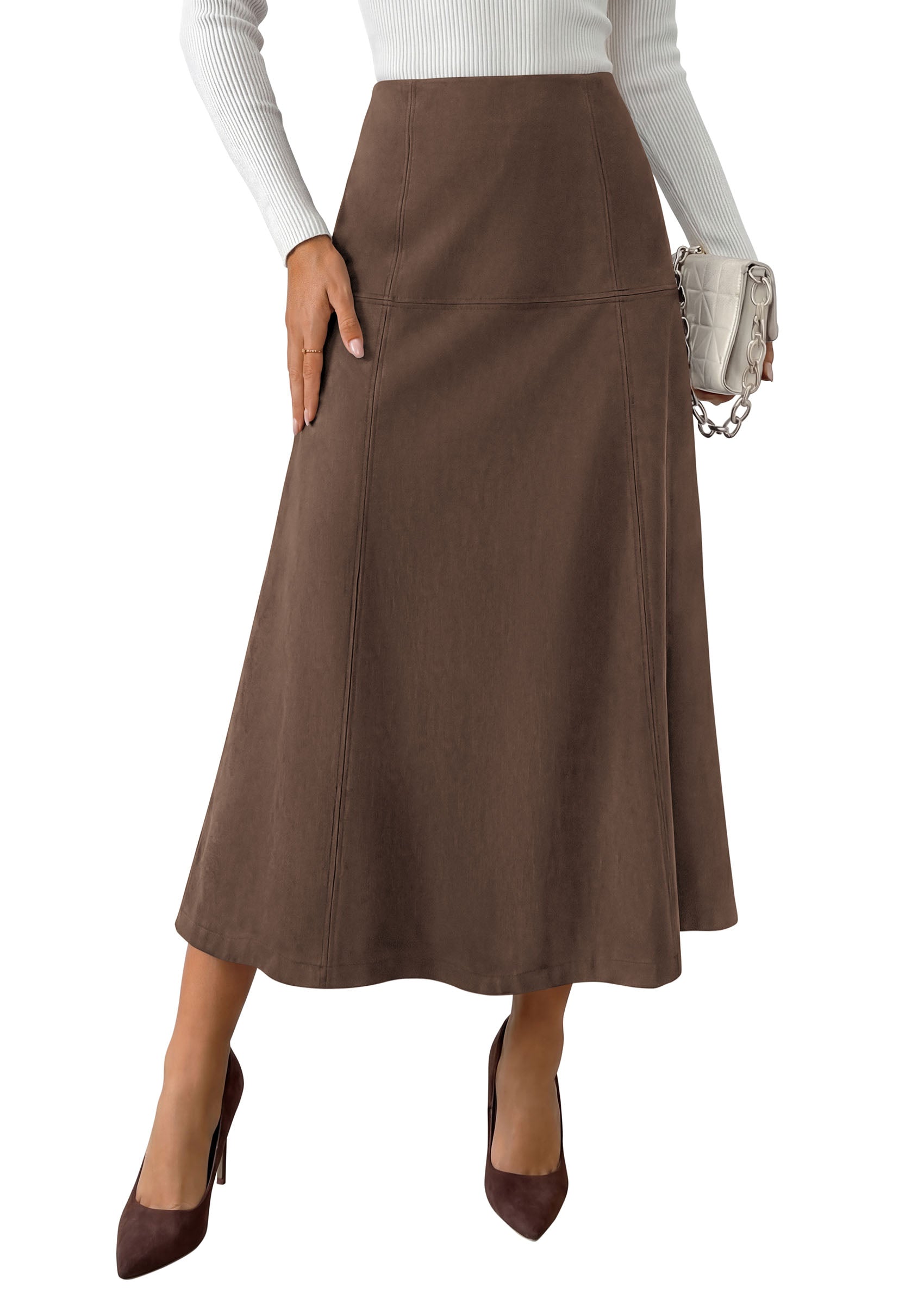 PRETTYGARDEN Womens High Waist Faux Suede A Line Midi Skirt | Hidden Stretch Elastic Waist, Front Back Panel Stitching, Vintage Elegant Mid-Calf Long Skirts for Fall Winter Office Daily