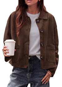 PRETTYGARDEN Faux Suede Casual Cropped Fall Jacket for Women Trendy 2026 Casual Coats Lightweight, Button Front Jackets with Pocket, Business Work Teacher Outfits, Winter Clothes