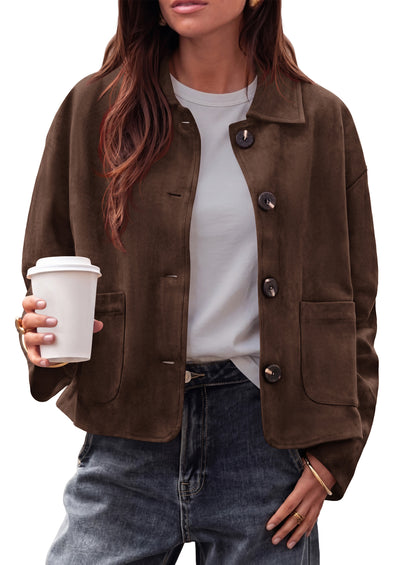 PRETTYGARDEN Faux Suede Casual Cropped Fall Jacket for Women Trendy 2026 Casual Coats Lightweight, Button Front Jackets with Pocket, Business Work Teacher Outfits, Winter Clothes