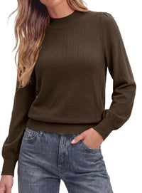 PRETTYGARDEN Womens Fall Mock Neck Long Sleeve Sweater  Soft Stretchy Fabric, V-Shape Knit Pattern, Chic Puff Sleeves, Ribbed Trim Pullover Sweaters, Casual Work Office Outfits