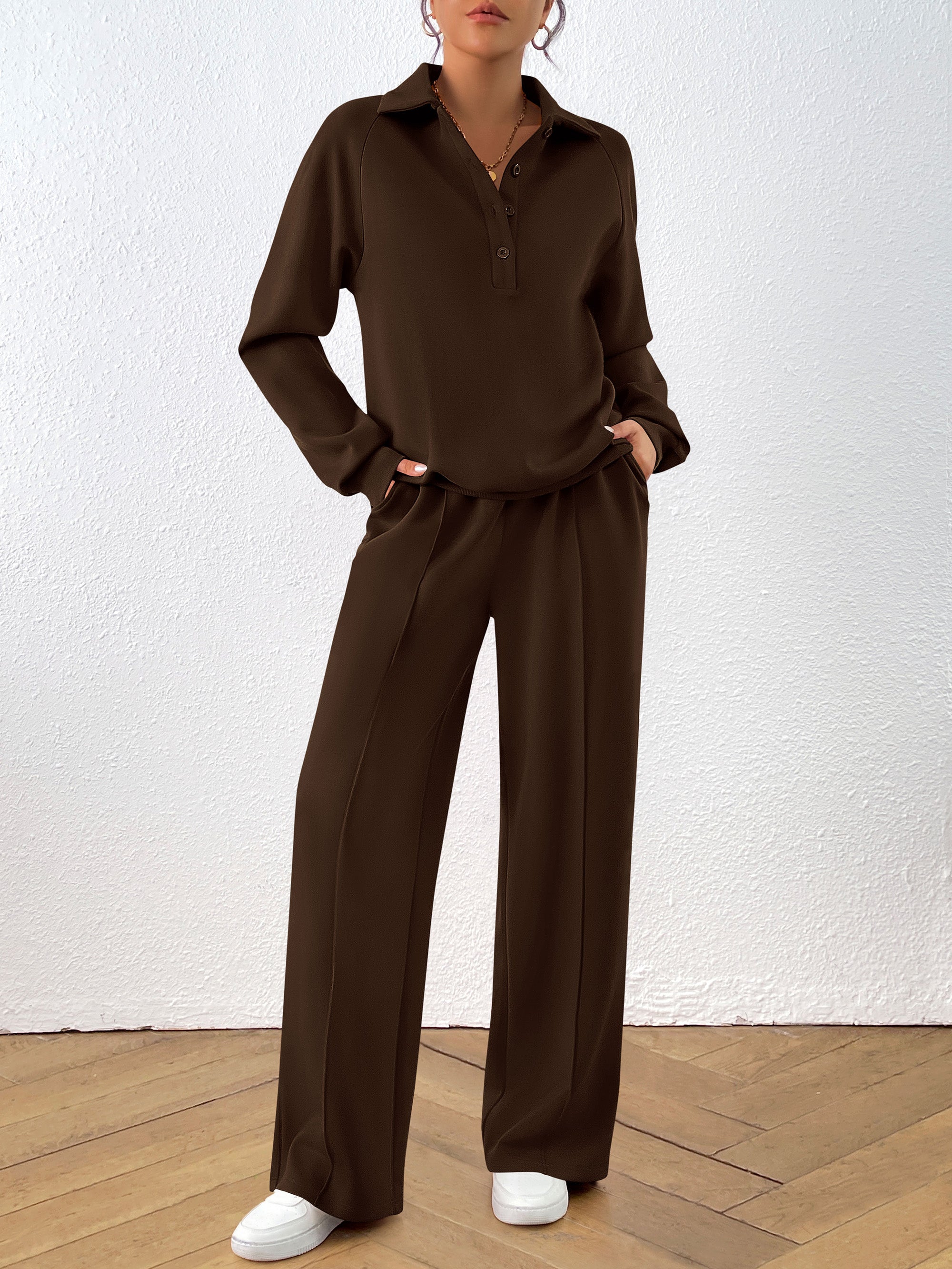 PRETTYGARDEN Women Fall 2 Piece Outfits Sweatsuits Quarter Button Long Sleeve Sweatshirt Wide Leg Pants Tracksuit Lounge Sets
