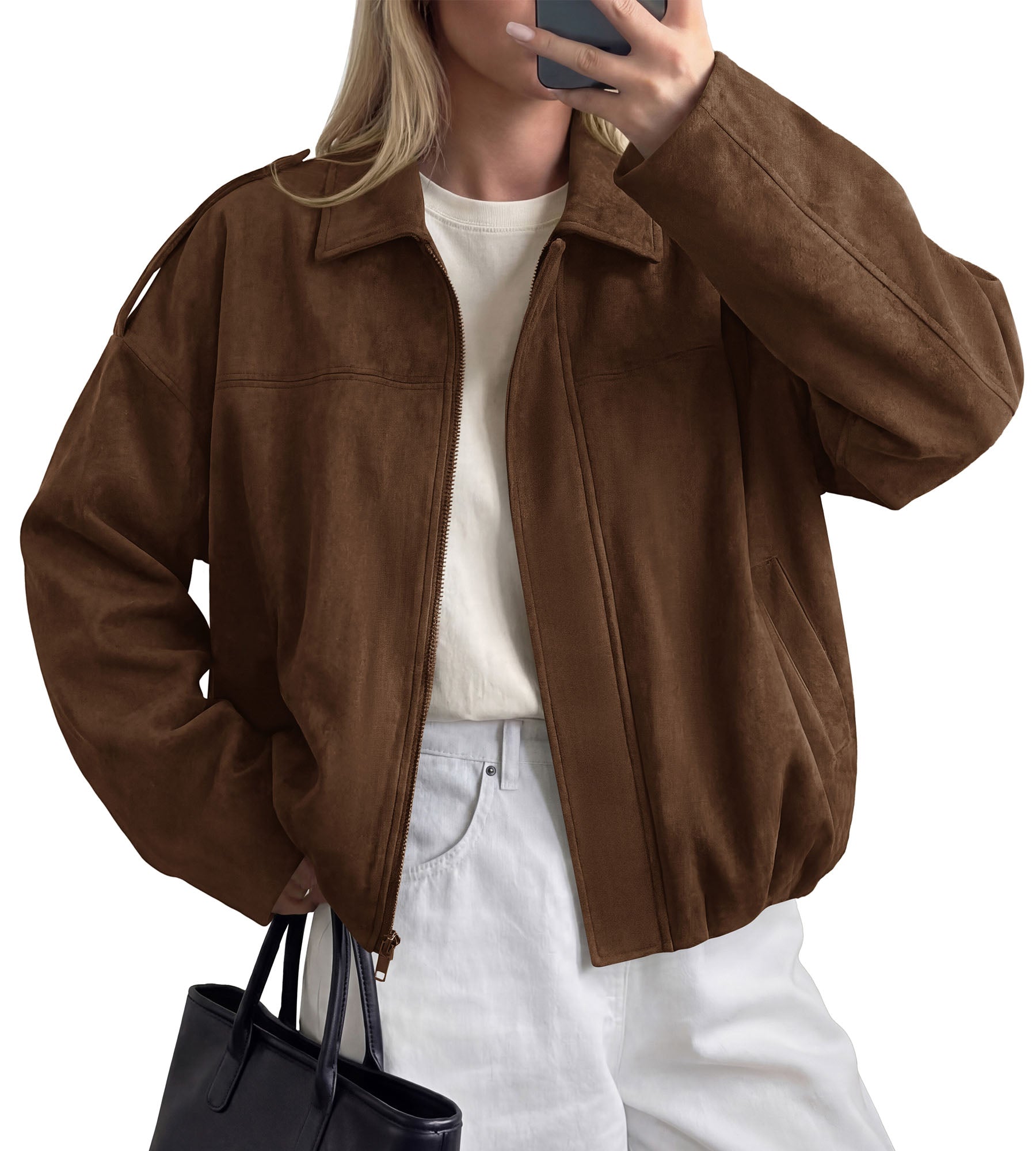 PRETTYGARDEN Women's Faux Suede Cropped Bomber Jacket | Long Sleeve Zip Up Casual Going Out Jackets Coat, Oversized Loose Fit Western Outfits, Trendy Outerwear, Fall Clothes