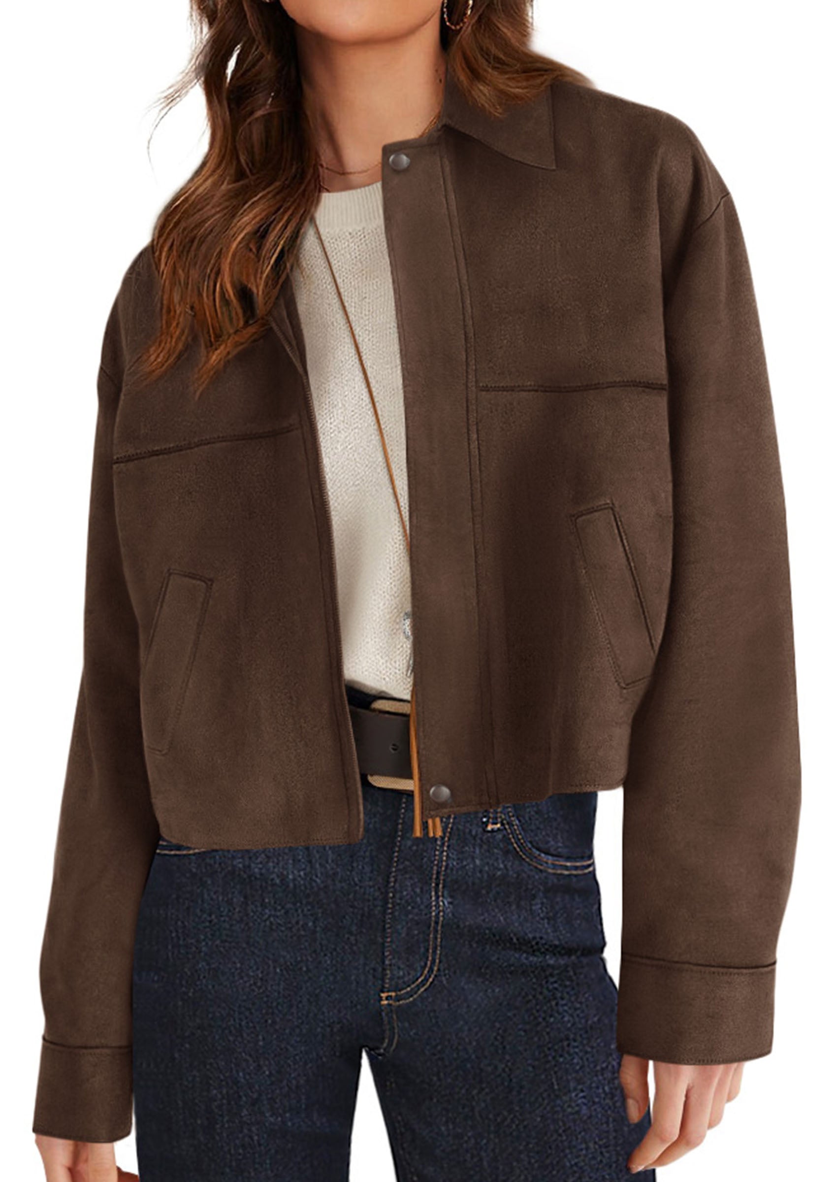 PRETTYGARDEN Women's Faux Suede Cropped Fall Jackets | Soft Zip Up Coats,Classic Lapel Collar,Button Down Shacket,Oversized Casual Outerwear,Trendy Winter Clothes with Pockets
